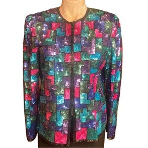 Vintage Laurence Kazar multi colored Sequined Beaded evening Jacket Sz L
